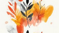 Minimalist botanical composition with orange and yellow watercolor splashes, black silhouettes of leaves and branches on white background, modern abstract art style.