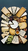 Gourmet cheese board with variety of artisanal cheeses, grapes, nuts, honey and figs arranged on dark slate for entertaining and wine pairing events.