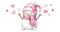 Cute watercolor snowman with pink knit hat and scarf surrounded by floating hearts on white background for Valentine's Day cards and winter romance designs.