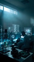 Scientist working in futuristic laboratory with holographic displays showing DNA structure and brain analysis in blue ambient lighting for research projects.