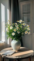 Fresh daisy bouquet in white ceramic vase on wooden table, sunlight streaming through window creating dramatic shadows, minimalist interior setting with curtains.