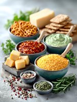 Assortment of snack ingredients with cheese, pretzels, crackers, dips, breadcrumbs and fresh herbs on gray background for party appetizers.