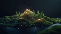 Digital mountain landscape with glowing golden particles forming peaks and evergreen trees against dark background, magical night scene with sparkling elements.