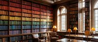 Luxurious library interior with floor-to-ceiling bookshelves, leather armchairs, wooden desk, and arched windows. Perfect for education, literature, and classic study room design projects.