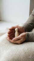 Protective hands holding wooden pawn figure symbolizing care, support and human resources management in warm neutral tones.