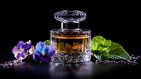 Crystal perfume bottle with amber liquid surrounded by fresh purple and blue pansies and green leaves on dark background, elegant fragrance composition.