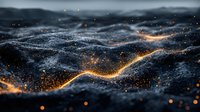 Glowing golden particles flow across dark textured waves creating magical abstract landscape with bokeh light effects and shimmering sparkles in moody atmosphere.