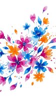 Watercolor floral burst with vibrant pink, blue, and orange flowers on white background, isolated design element for greeting cards, posters, and digital projects.