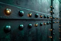 Rows of metallic rivets on dark green industrial metal surface with shallow depth of field creating dramatic perspective. Textured background shows weathered patina.