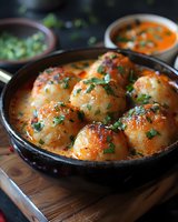 Juicy roasted potatoes garnished with fresh herbs in cast iron pan, served with spicy sauce. Golden-brown crispy skin and tender inside create appetizing dish.