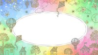 Colorful rainbow gradient frame with hot air balloons, houses, trees and clouds surrounding white oval space for text or design elements.