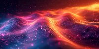 Abstract flowing energy waves with vibrant orange and purple colors against dark space background, perfect for technology or innovation designs.