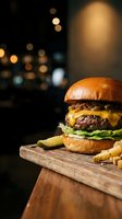 Gourmet cheeseburger with melted cheese, lettuce, and crispy fries on wooden board against blurred warm bokeh background, ideal for food and restaurant marketing.