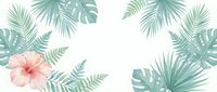 Tropical foliage frame with pink hibiscus flower and green palm leaves on isolated white background, ready for design projects, invitations, and decorative layouts.