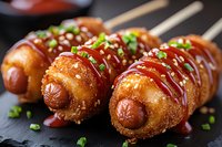 Korean corn dogs with sausage, crispy breaded coating, drizzled with sauce and garnished with green onions on black slate plate. Street food snack.