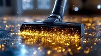 Vacuum cleaner head collecting shimmering golden glitter particles from dark floor surface, creating magical sparkle effect in dramatic lighting.
