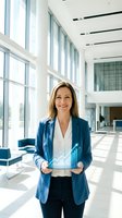 Professional businesswoman holding digital tablet with growth chart in modern corporate office lobby displaying financial success and business analytics.