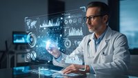 Male doctor in white coat analyzing holographic medical data interface with charts and graphs in modern healthcare technology laboratory setting.