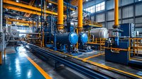 Modern industrial facility interior with yellow pipes, blue equipment and pressure vessels arranged in rows, showing complex manufacturing process system and safety standards.