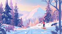 Peaceful winter landscape with skier gliding through snowy mountain forest at sunset, featuring pink and purple hues, evergreen trees and serene wilderness atmosphere.