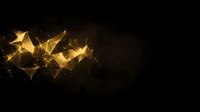 Glowing golden polygonal shapes with connecting lines and particles floating on dark background, creating modern abstract network visualization effect.