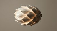 Modern sculptural pendant lamp with layered wooden scales creating warm ambient lighting for contemporary interior design.