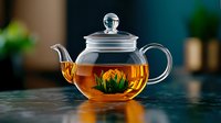 Glass teapot with blooming green tea flower inside on dark background with golden liquid and reflective surface, artistic food photography composition.