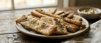 Homemade sesame seed crackers arranged on ceramic plate with nuts in bowl, rustic kitchen setting with natural window light.