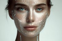 Young woman with facial recognition technology grid overlay showing biometric scanning and digital identity verification for security applications.