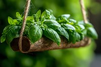 Fresh basil leaves growing in rustic wooden hanging planter with natural rope against blurred green background, showcasing sustainable garden decor.