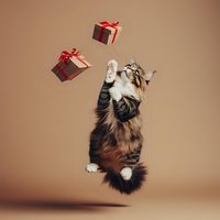 Playful Maine Coon cat jumping and catching floating gift boxes with red ribbons against brown background, showing hunting instinct and festive mood.