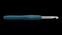 Crochet hook with dark teal ergonomic handle and metal shaft, isolated on transparent background, ready for crafting tutorials, product design, and print-on-demand merchandise.