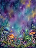 Enchanted forest floor with glowing mushrooms, luminescent plants, and magical starry sky in purple, teal, and gold watercolor style for fantasy and whimsical designs.