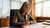 Professional mature Caucasian businesswoman in beige suit writing documents at executive office desk with natural window lighting for corporate presentations.