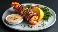 Grilled lobster tail with bacon wrap served on white plate with creamy dipping sauce, lemon wedge, and fresh herbs garnish against dark background.