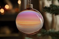 Iridescent glass Christmas ball ornament with delicate striped pattern reflecting warm holiday lights, hanging on evergreen branch against soft bokeh background.