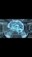 Holographic brain floating above open hands in futuristic laboratory showcasing artificial intelligence and neuroscience technology innovation.