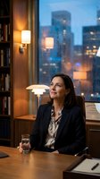 Woman in business attire seated at wooden desk in modern office with city skyline view at dusk, illuminated by warm desk lamps and evening lights, suitable for corporate and professional concepts.