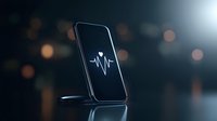 Smartphone displaying heartbeat pulse wave icon on dark background with bokeh lights, wireless charging pad concept for health monitoring apps.