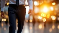 Businessman walking in modern office corridor with warm evening sunlight and bokeh effect. Professional environment with elegant attire and atmospheric lighting.