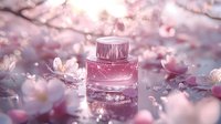 Pink glass perfume bottle surrounded by delicate cherry blossoms and soft bokeh lights creating dreamy spring atmosphere for beauty and cosmetic marketing.