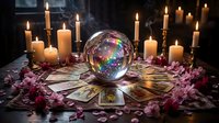 Mystical fortune telling setup with glowing crystal ball, tarot cards, candles and purple flowers creating atmospheric divination scene for spiritual guidance.