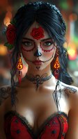 Young Hispanic woman with sugar skull makeup, red roses in dark hair, wearing red corset. Face art features traditional Dia de los Muertos patterns, ornate earrings, and neck tattoo. Bokeh background.