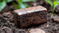 Old wooden box partially buried in dark soil with green plant sprouts emerging in background, creating mysterious treasure hunt atmosphere in garden setting.