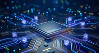 Advanced microprocessor chip on circuit board with glowing connections and data flow visualization for technology and computing applications.