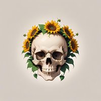 Anatomical skull adorned with vibrant sunflower crown and green leaves against neutral background, featuring decorative bees. Suitable for gothic art and floral designs.