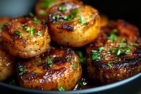 Pan seared sea scallops with caramelized crust garnished with fresh herbs on dark plate, close up view showing texture and golden brown sear marks.