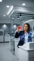 Female scientist examining red liquid sample in modern laboratory with digital molecular overlay graphics for research and development projects.