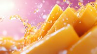 Fresh orange juice splashing with dynamic water drops against pink background, extreme close up macro photography showing juicy citrus segments in motion.