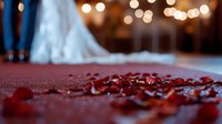 Red rose petals scattered on floor with soft bokeh lights and wedding dress silhouette in background create romantic wedding ceremony atmosphere.